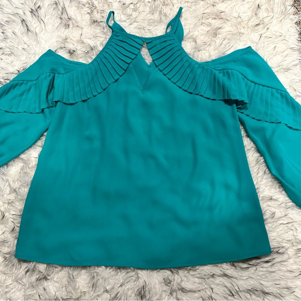 Entro Teal Ruffled Cold Shoulder Blouse
